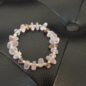 Handmade Bracelet Pink Glass & Quartz Natural Stones Beads Elastic String